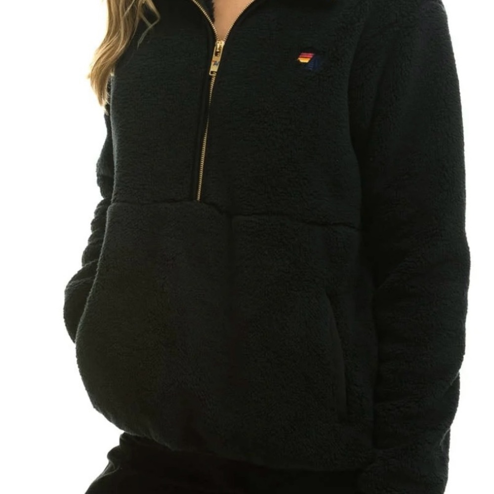 AVIATOR NATION- TEDDY UNISEX HALF ZIP JACKET - BLACK-S - Picture 2 of 6